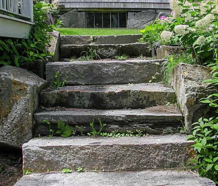 Reclaimed antique granite steps with a weathered finish and natural variations in color, adding historic charm to your entryway.