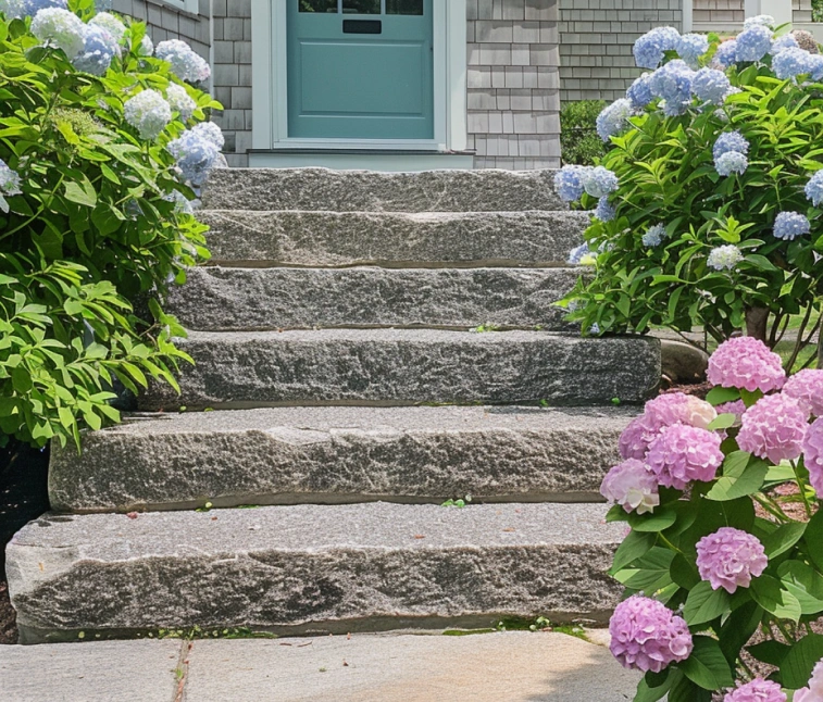 Caledonia granite steps, crafted from durable granite with a hand-chiseled finish and a slip-resistant top, ideal for outdoor entrances and walkways