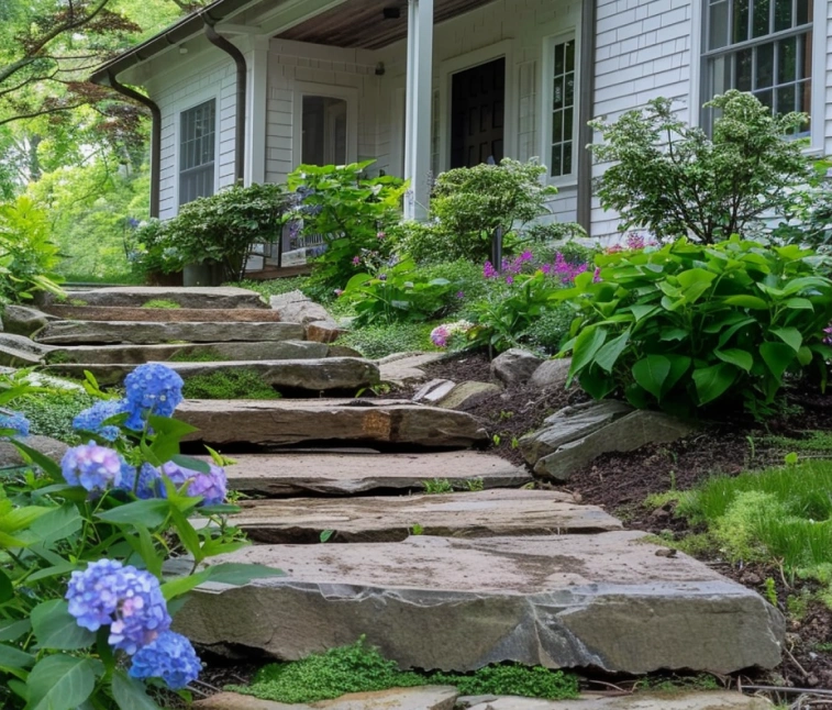 Durable Pennsylvania fieldstone steps, showcasing the natural beauty and variations of fieldstone for a unique and long-lasting entrance