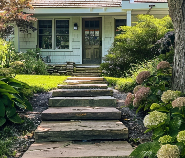 Weathered, tumbled bluestone steps with a smooth, rounded edge, ideal for outdoor entrances and walkways