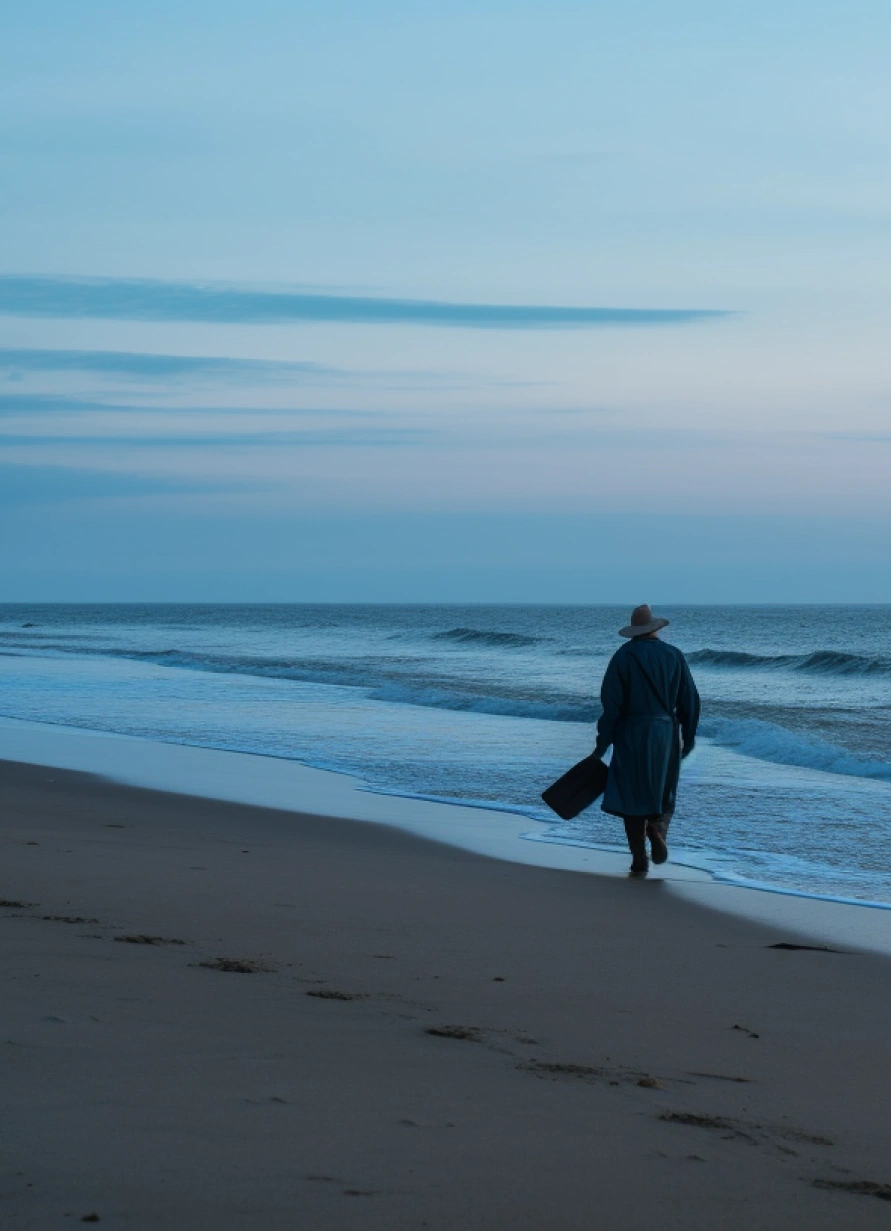 An image of a man walking on the beach
