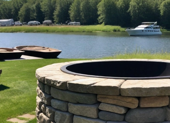 Round stone fire pit with a rustic look, perfect for gathering around on cool evenings. Designed and built by Cape Cod Hardscapes