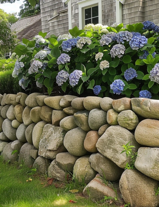 a stone retaining wall with small New England Round Wallstone
