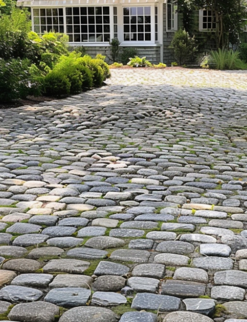 Reclaimed Cobblestones in a Cape Cod driveway