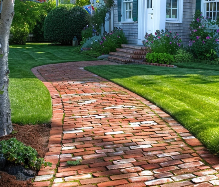 Weathered, tumbled Canal St. brick pavers with a worn finish, adding vintage charm to outdoor spaces