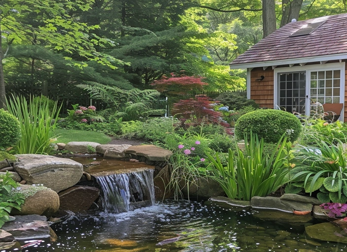 Backyard waterfall with natural stone and plants, creating a peaceful and relaxing atmosphere. Designed by Cape Cod Hardscapes