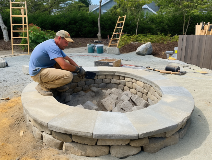 a worker for cape cod hardscapes installing a stone fire pit