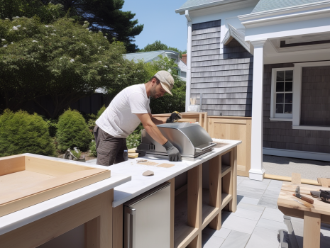 a worker for cape cod hardscapes installing a outdoor kitchen