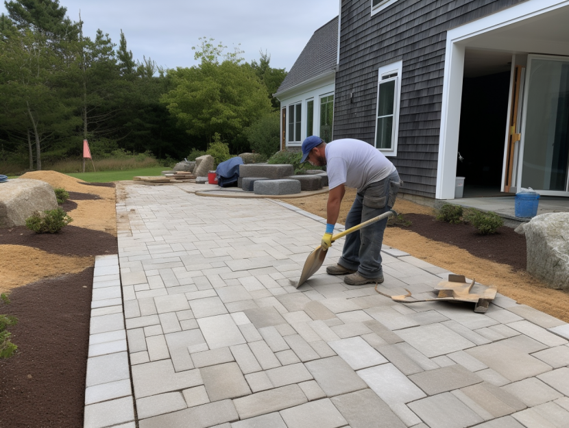 a worker for cape cod hardscapes installing stone patio pavers